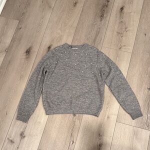 Girl’s Gray Crewneck Sweater with Pearl Detail